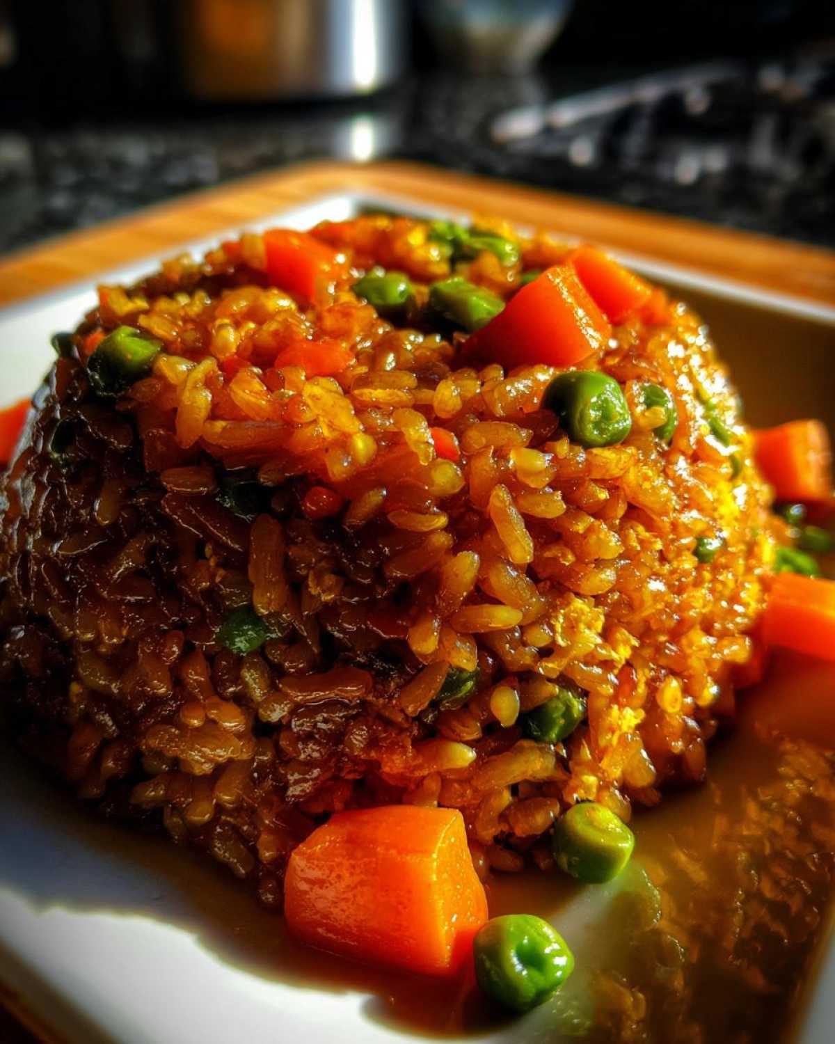 A close-up of molded Vegetable Fried Rice with bright orange carrots and green peas, coated in a savory sauce.