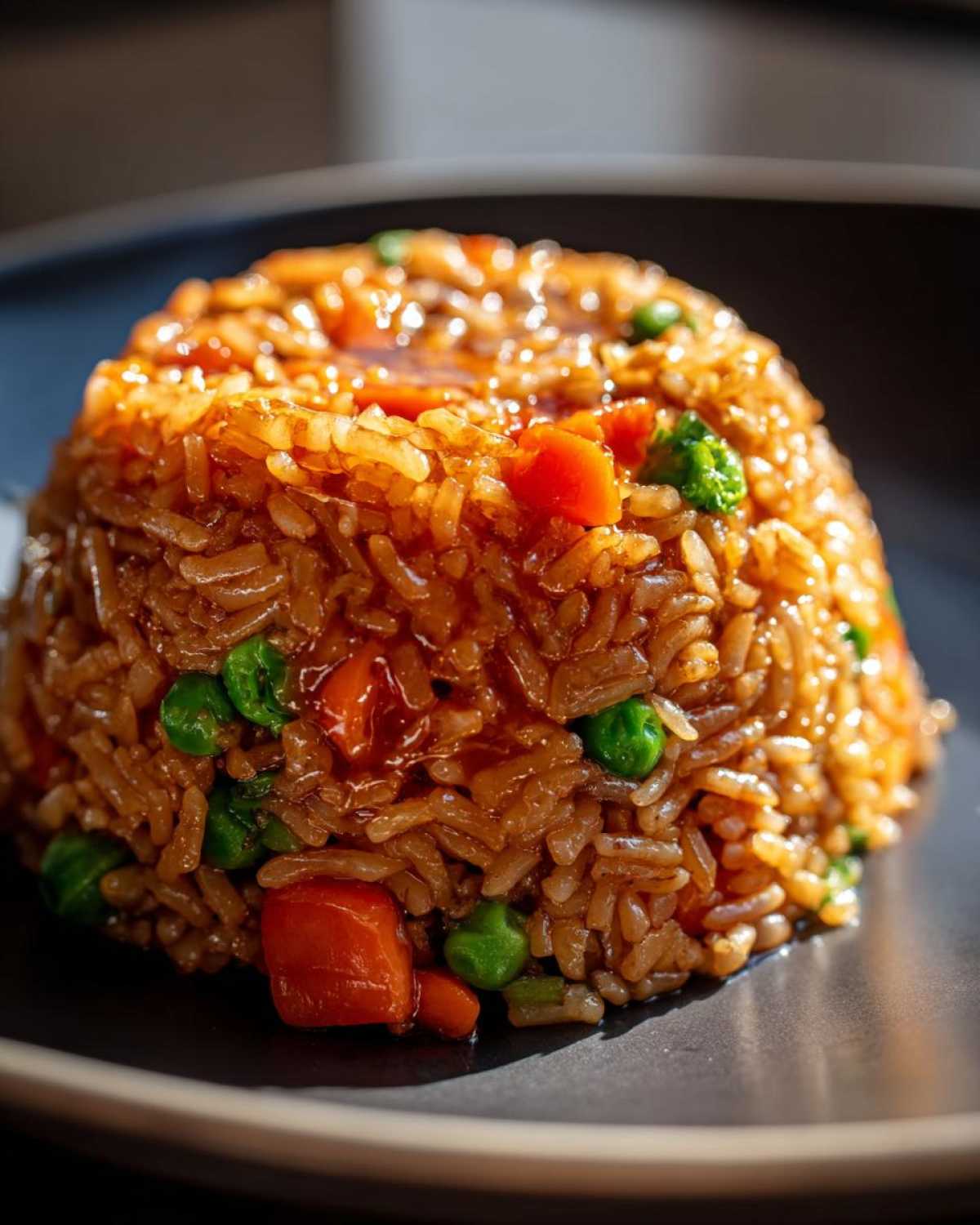 A perfectly molded serving of glossy Vegetable Fried Rice with Sesame Ginger Sauce, featuring peas and carrots.
