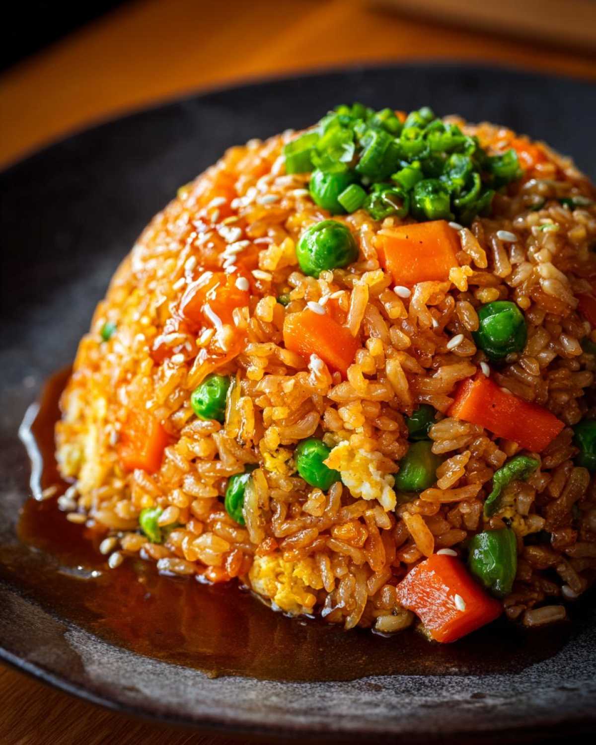 A beautifully plated mound of Vegetable Fried Rice with Sesame Ginger Sauce, topped with green onions and sesame seeds.