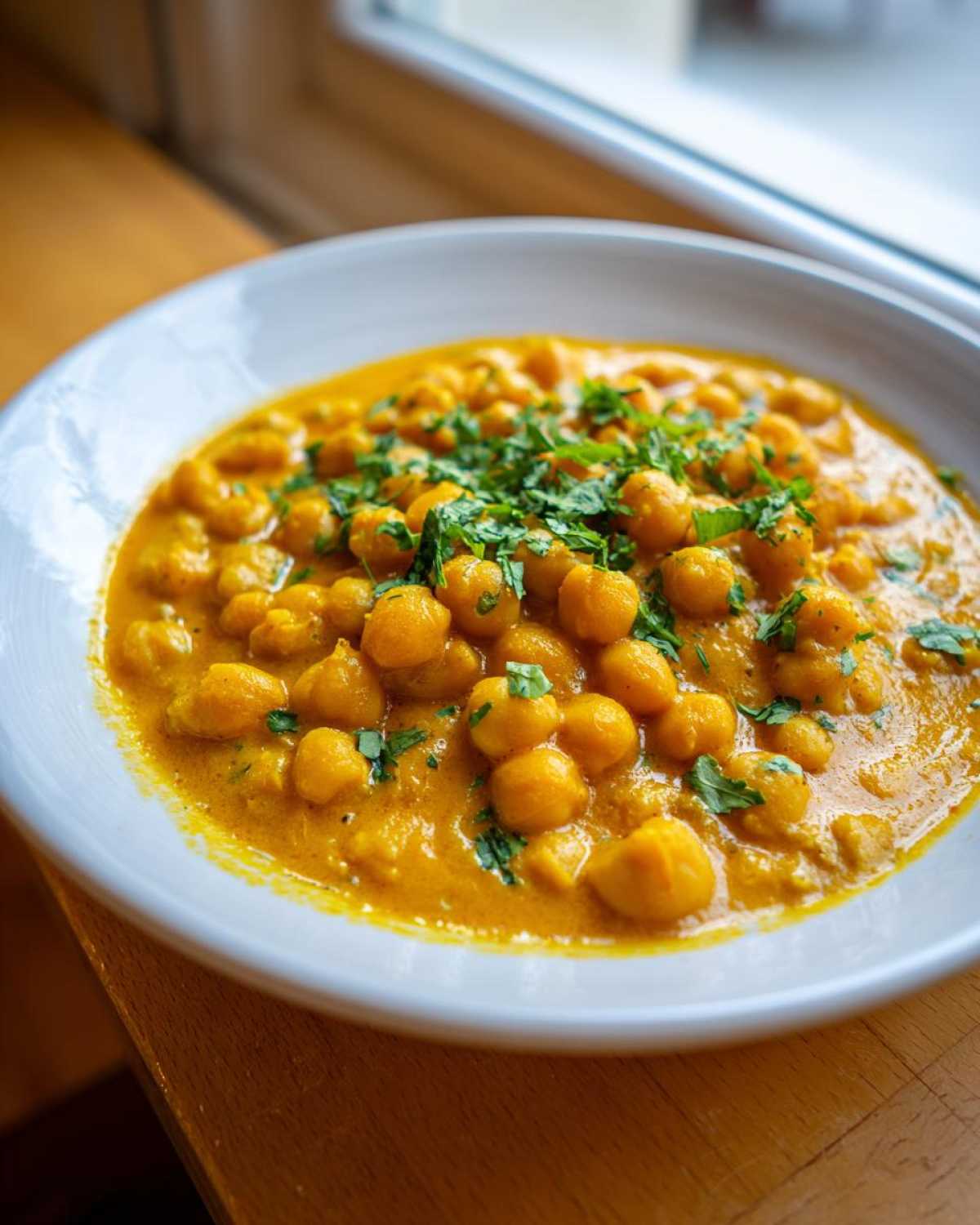 Close-up of a bowl of creamy Vegetarian Chickpea Curry with coconut milk, topped with fresh cilantro.