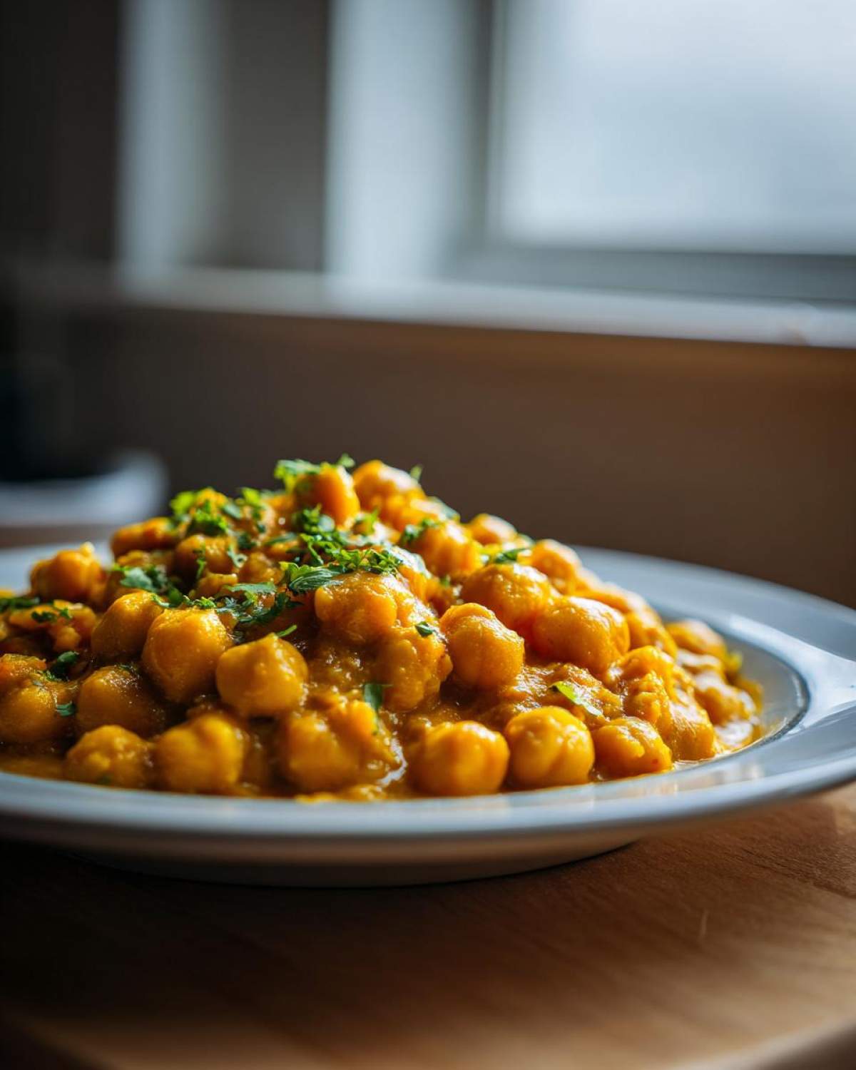 A close-up of a bowl filled with creamy Vegetarian Chickpea Curry with Coconut Milk, garnished with fresh herbs.
