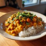 A bowl of creamy Vegetarian Chickpea Curry with Coconut Milk served over white rice and topped with fresh cilantro.
