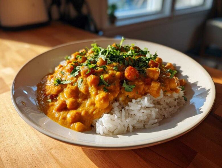 A bowl of creamy Vegetarian Chickpea Curry with Coconut Milk served over white rice and topped with fresh cilantro.