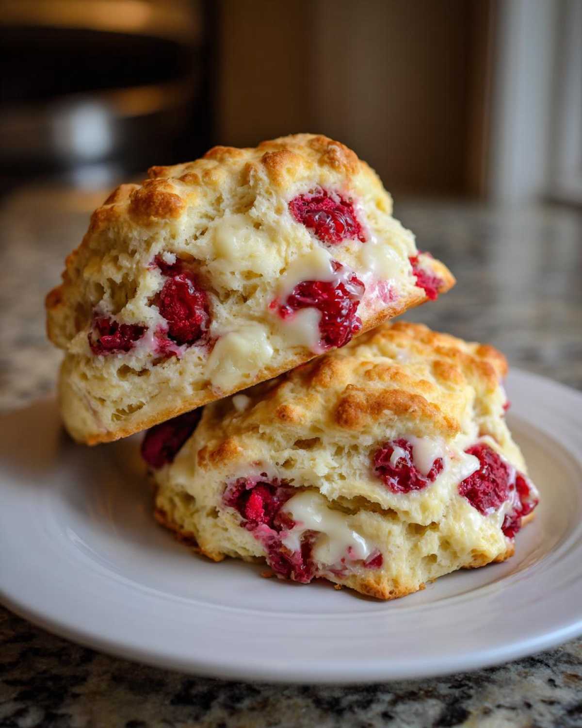 Two flaky White Chocolate Raspberry Scones stacked on a white plate, showing melted white chocolate and bright red raspberries.