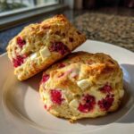 Two golden-brown White Chocolate Raspberry Scones stacked slightly on a white plate, featuring visible raspberries and white chocolate chunks.
