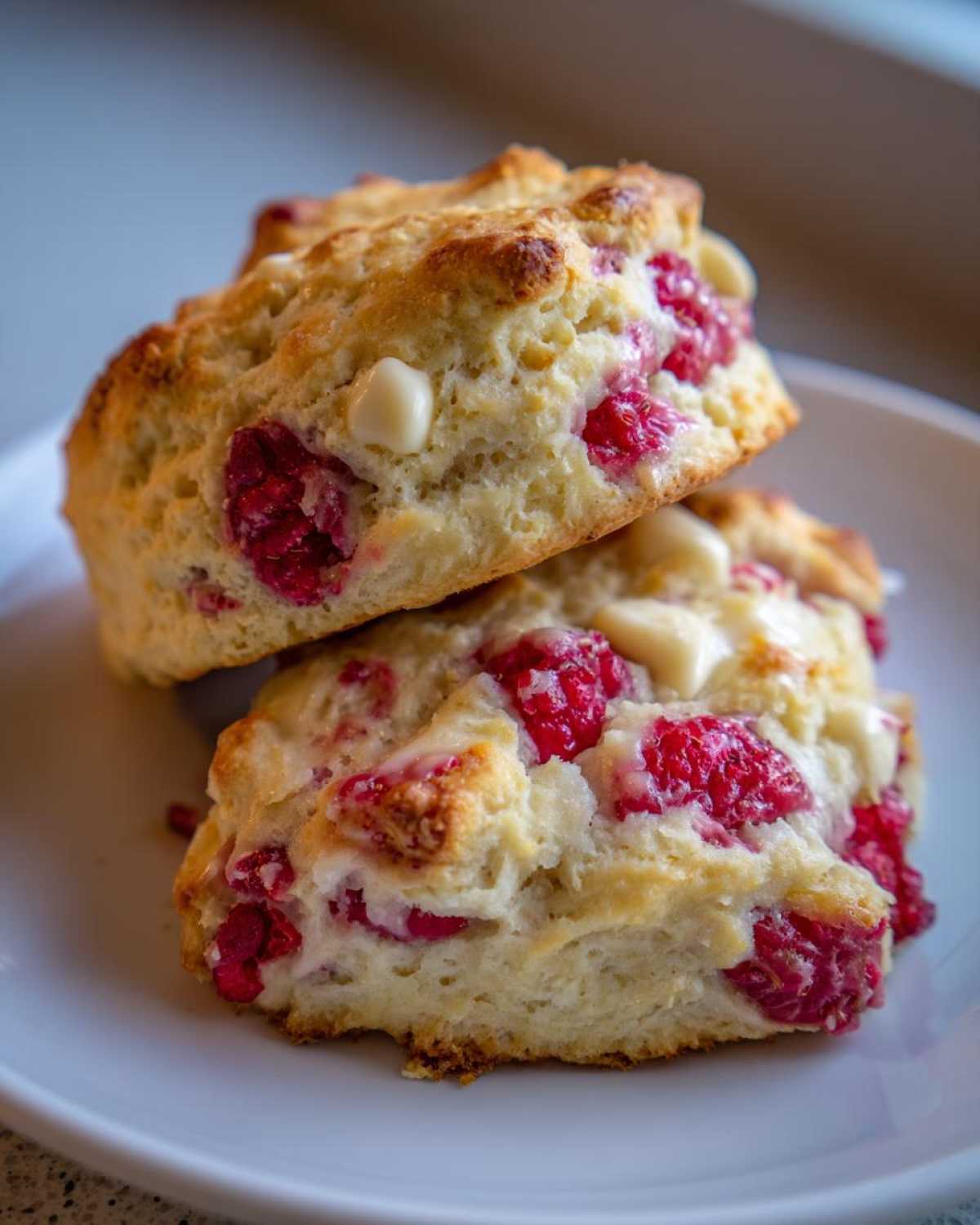 Close-up of two flaky White Chocolate Raspberry Scones stacked on a white plate, showing bright red raspberries and white chocolate chips.