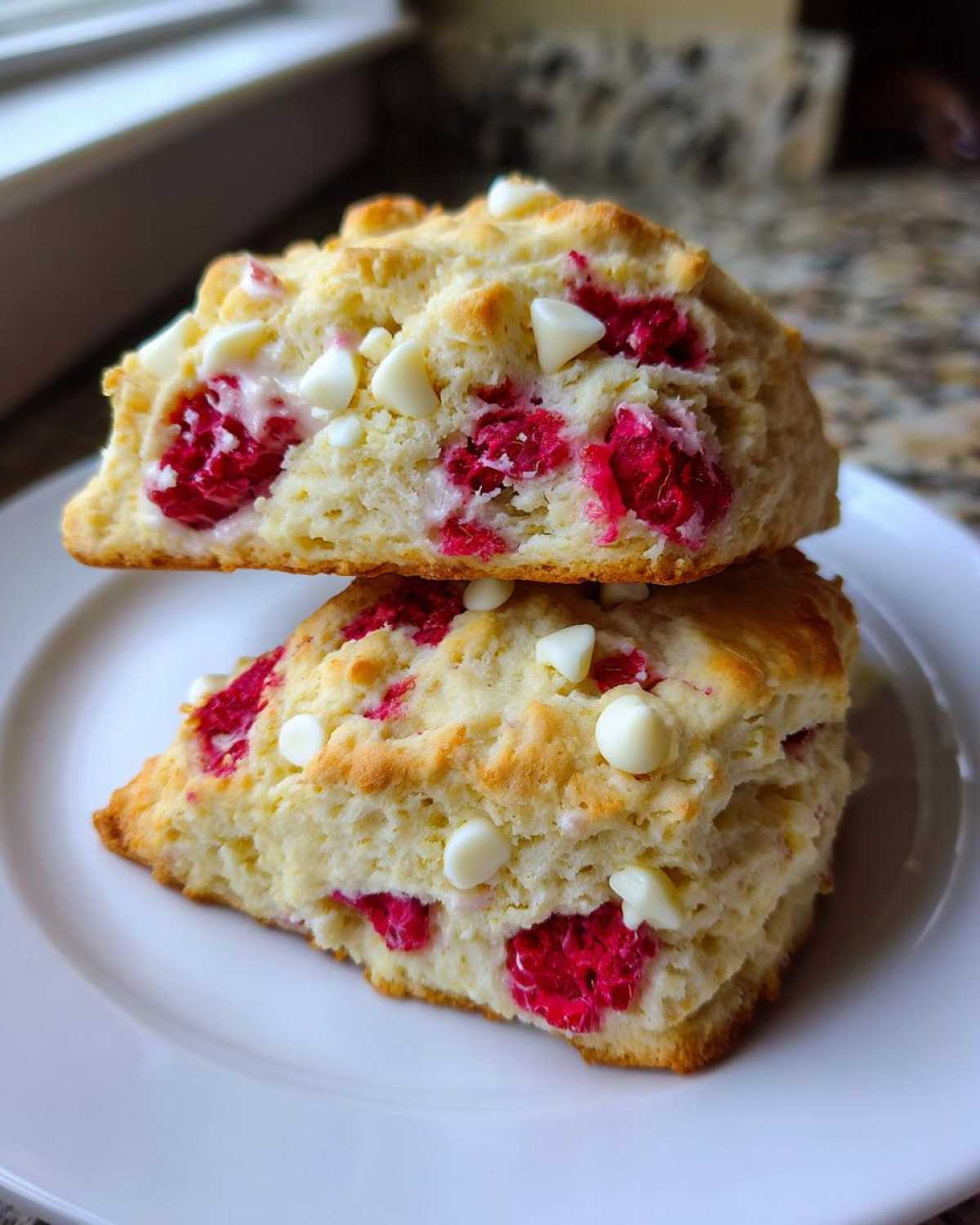 Two flaky White Chocolate Raspberry Scones stacked on a white plate, showing visible white chocolate chips and bright red raspberries.