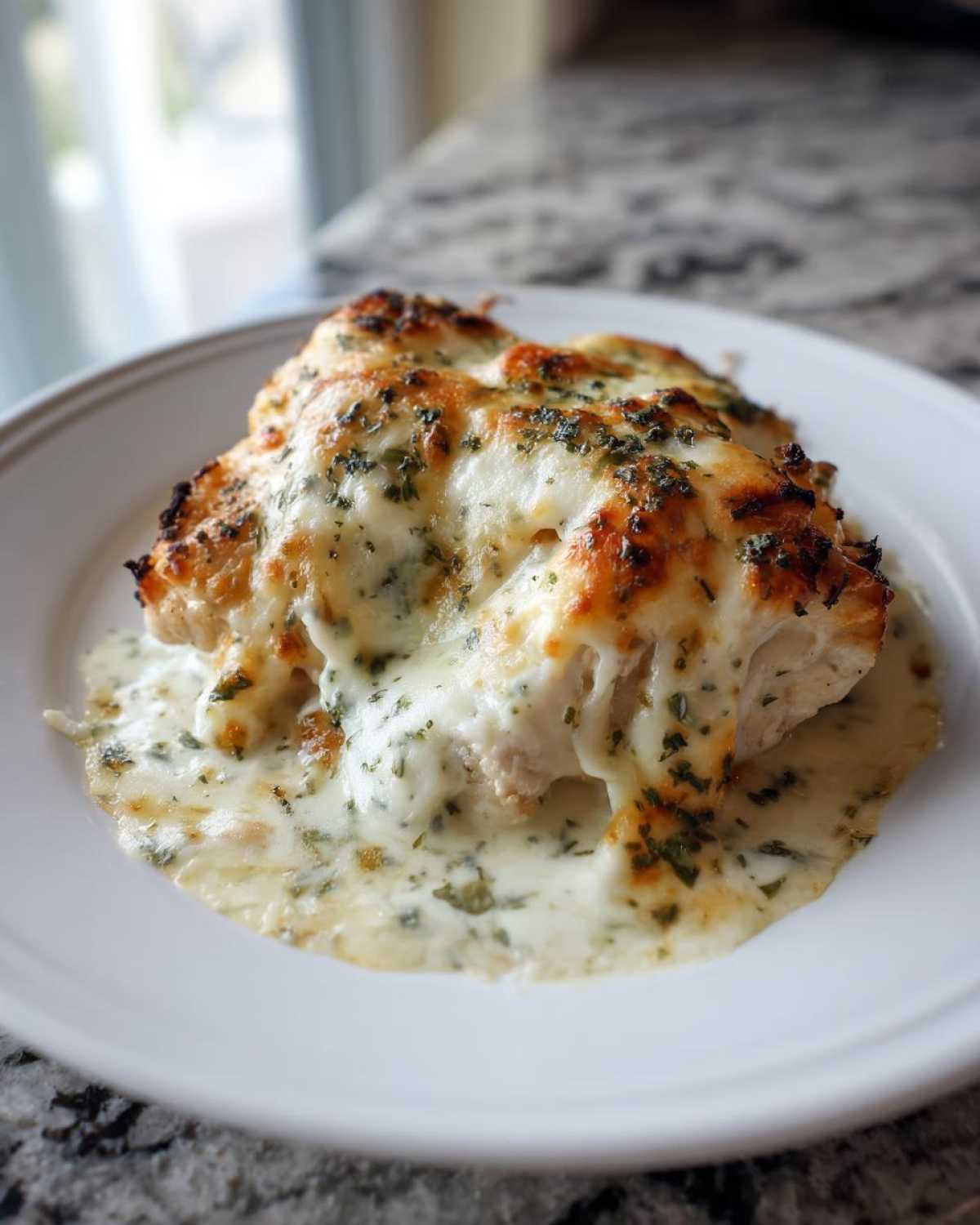 Two pieces of Cheesy Baked Chicken with Cream Sauce, topped with melted, browned cheese and herbs, served on a white plate.