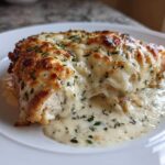 A close-up of Cheesy Baked Chicken with Cream Sauce, topped with melted, browned cheese and parsley.