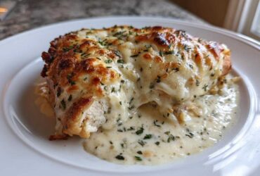 A close-up of Cheesy Baked Chicken with Cream Sauce, topped with melted, browned cheese and parsley.