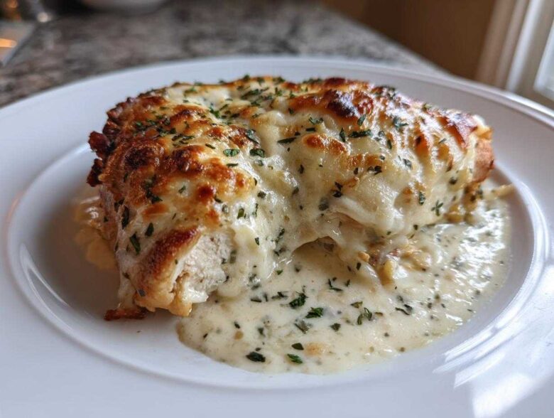 A close-up of Cheesy Baked Chicken with Cream Sauce, topped with melted, browned cheese and parsley.