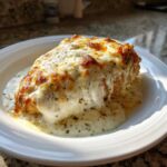A close-up of Cheesy Baked Chicken with Cream Sauce, covered in melted, browned cheese and herbs, served in a white bowl.