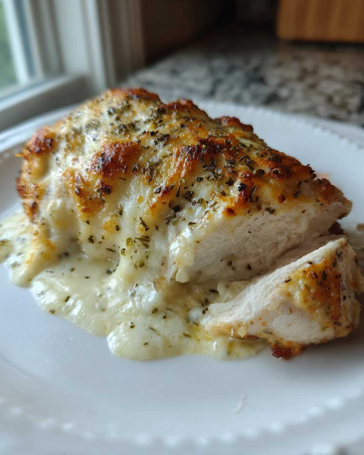 A juicy piece of Cheesy Baked Chicken with Cream Sauce, topped with melted, browned cheese and herbs, served on a white plate.