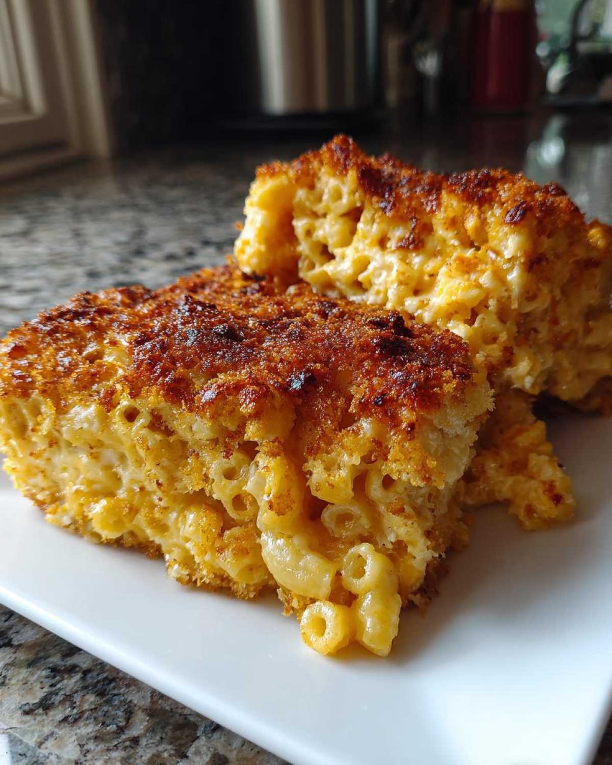 Two slices of Cheesy Baked Mac and Cheese with Crispy Top, showing creamy interior and golden crust.