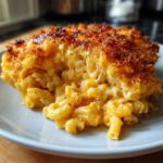 A close-up of a serving of Cheesy Baked Mac and Cheese with Crispy Top showing gooey cheese pulls.