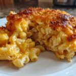 Close-up of a serving of Cheesy Baked Mac and Cheese with Crispy Top, showing gooey cheese and crunchy topping.