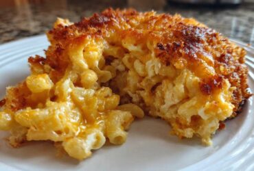 Close-up of a serving of Cheesy Baked Mac and Cheese with Crispy Top, showing gooey cheese and crunchy topping.