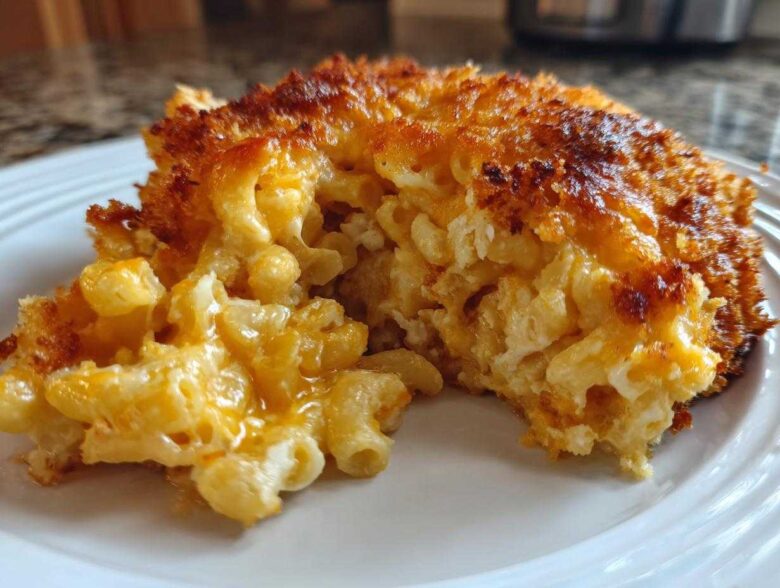 Close-up of a serving of Cheesy Baked Mac and Cheese with Crispy Top, showing gooey cheese and crunchy topping.