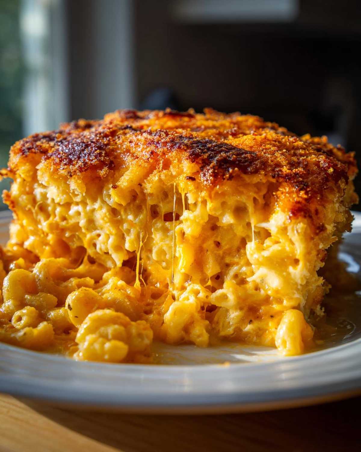A thick slice of Cheesy Baked Mac and Cheese with crispy top showing dramatic cheese pulls.