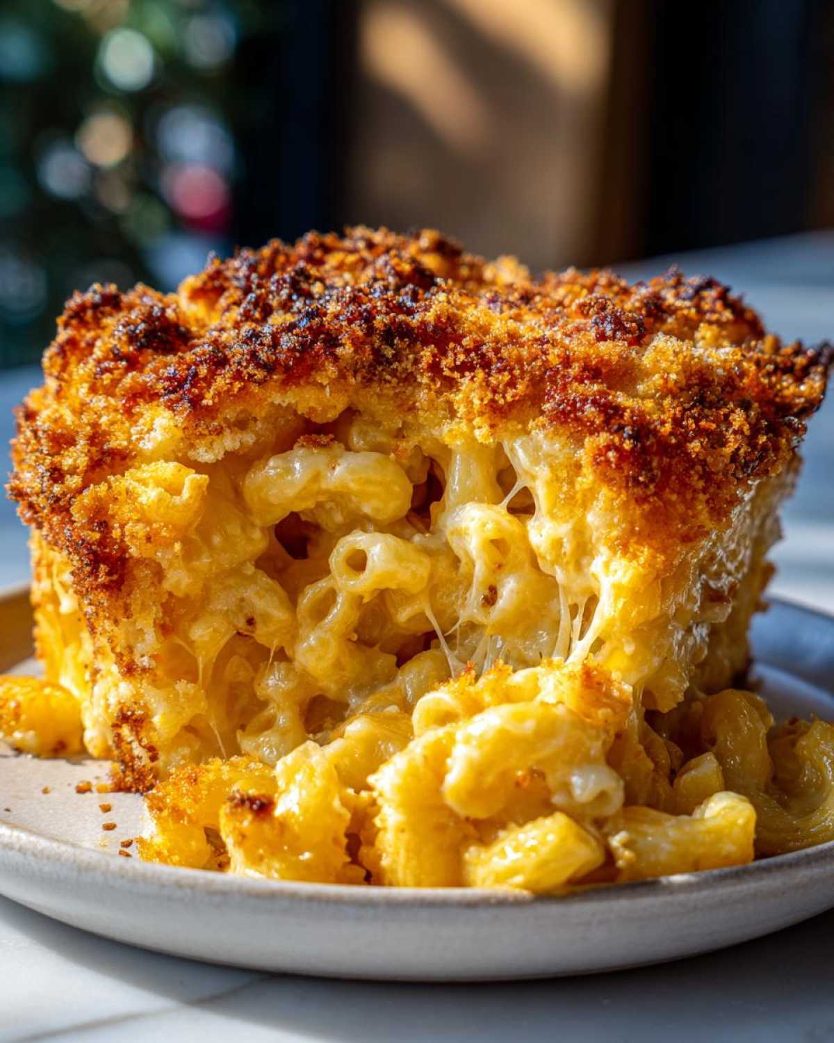 A close-up of a portion of Cheesy Baked Mac and Cheese with Crispy Top showing gooey cheese pulls.