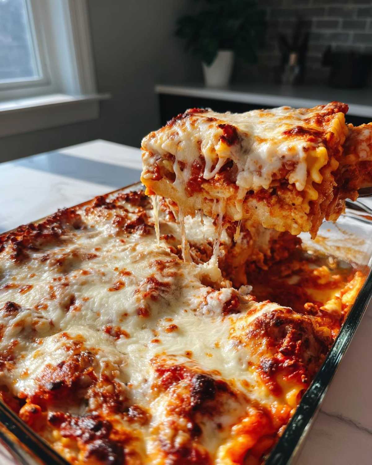 A serving of Cheesy Baked Ravioli with Creamy Tomato Sauce being lifted from a glass dish, showing melted, stretchy cheese.