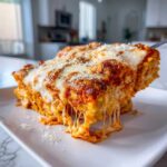 A generous serving of Cheesy Baked Ravioli with Creamy Tomato Sauce being lifted, showing incredible cheese pull.