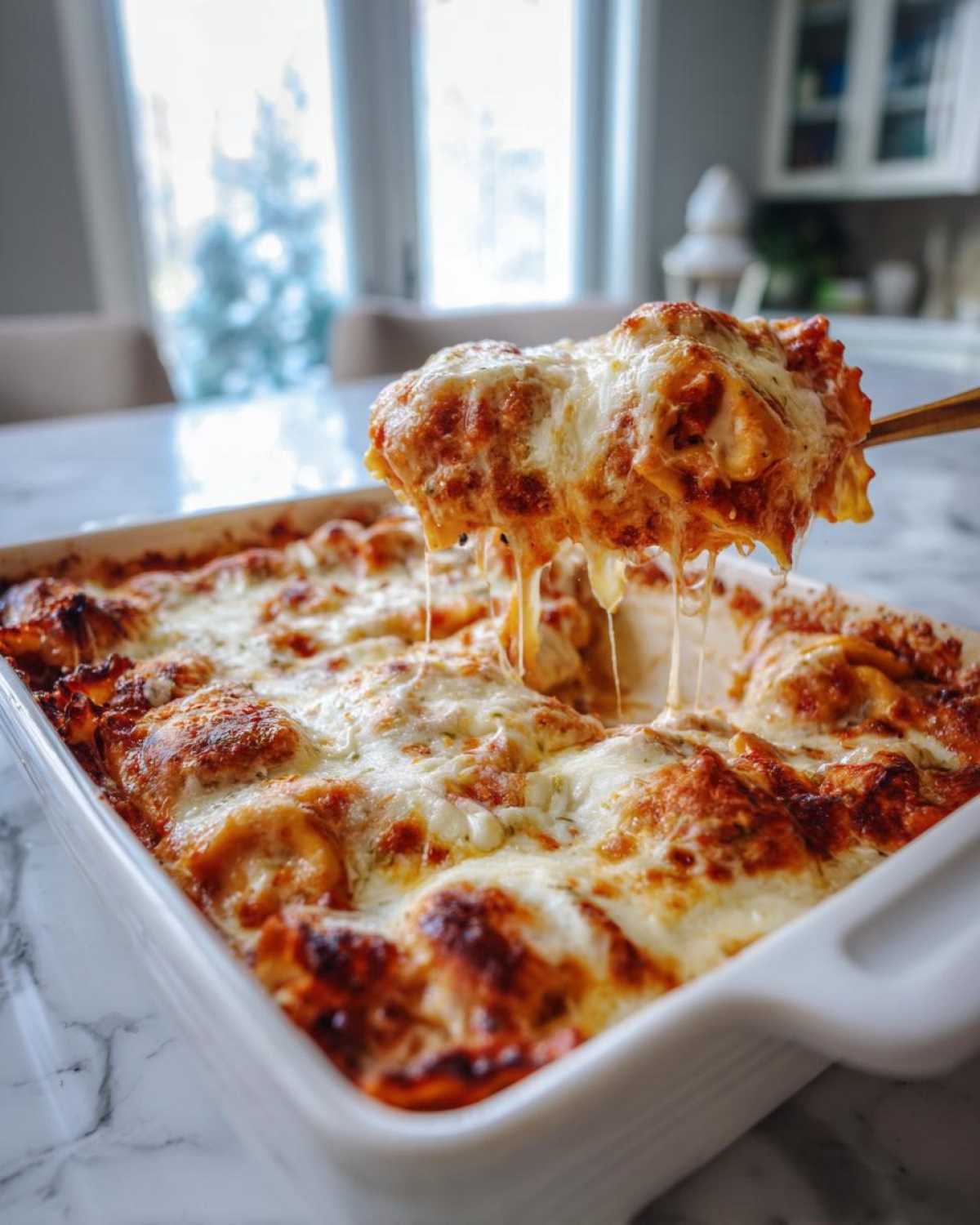 A spoonful of Cheesy Baked Ravioli with Creamy Tomato Sauce being lifted from a white baking dish, showing melted, stringy cheese.