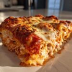 A close-up slice of Cheesy Baked Ravioli with creamy tomato sauce and melted, bubbly cheese on top.