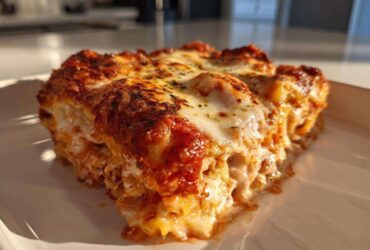 A close-up slice of Cheesy Baked Ravioli with creamy tomato sauce and melted, bubbly cheese on top.