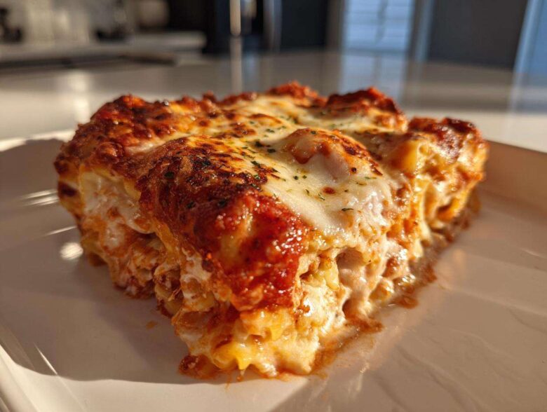 A close-up slice of Cheesy Baked Ravioli with creamy tomato sauce and melted, bubbly cheese on top.