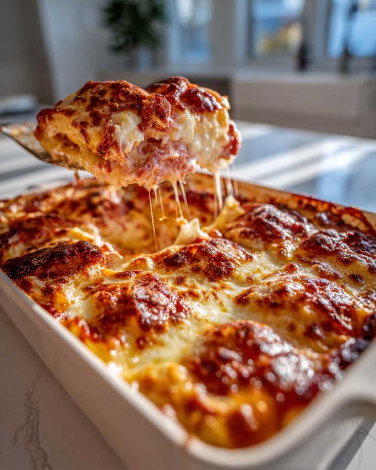 A spatula lifts a cheesy portion from a baking dish of Cheesy Baked Ravioli with Creamy Tomato Sauce, showing melted cheese strings.