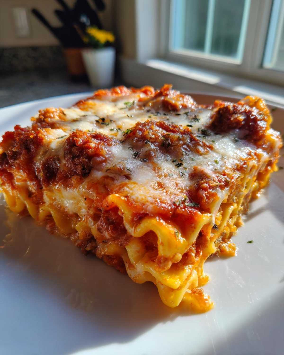Close-up of a cheesy baked ravioli slice, showing layers of pasta, meat sauce, and melted mozzarella.