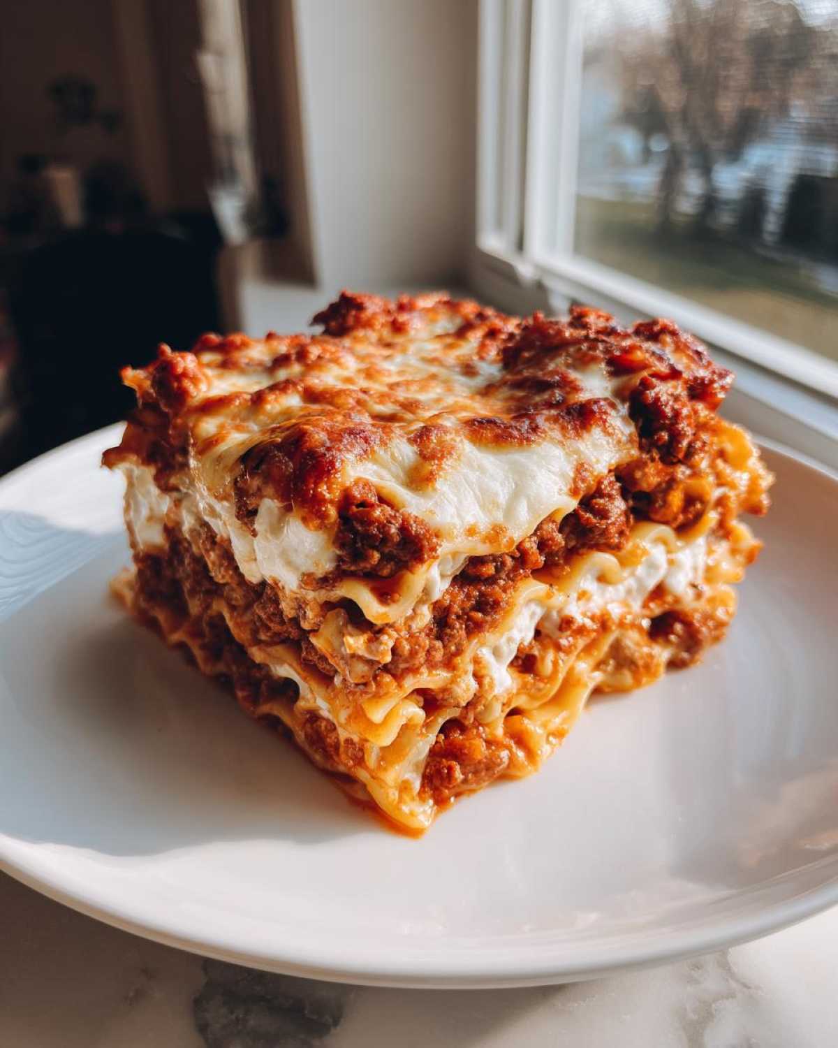 A large, square slice of Cheesy Baked Ziti with Ground Beef and Sauce, showing layers of pasta, meat sauce, and melted cheese.