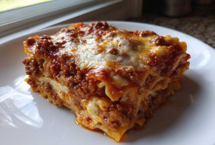 A generous slice of Cheesy Baked Ziti with Ground Beef and Sauce, featuring layers of pasta, meat sauce, and melted cheese.