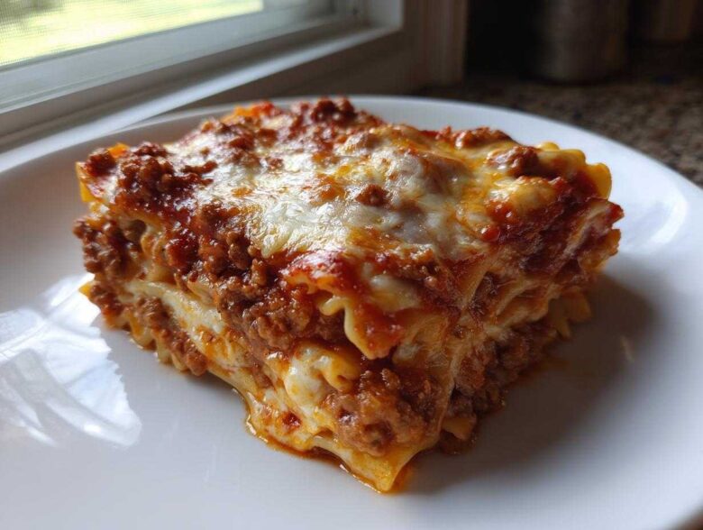 A generous slice of Cheesy Baked Ziti with Ground Beef and Sauce, featuring layers of pasta, meat sauce, and melted cheese.