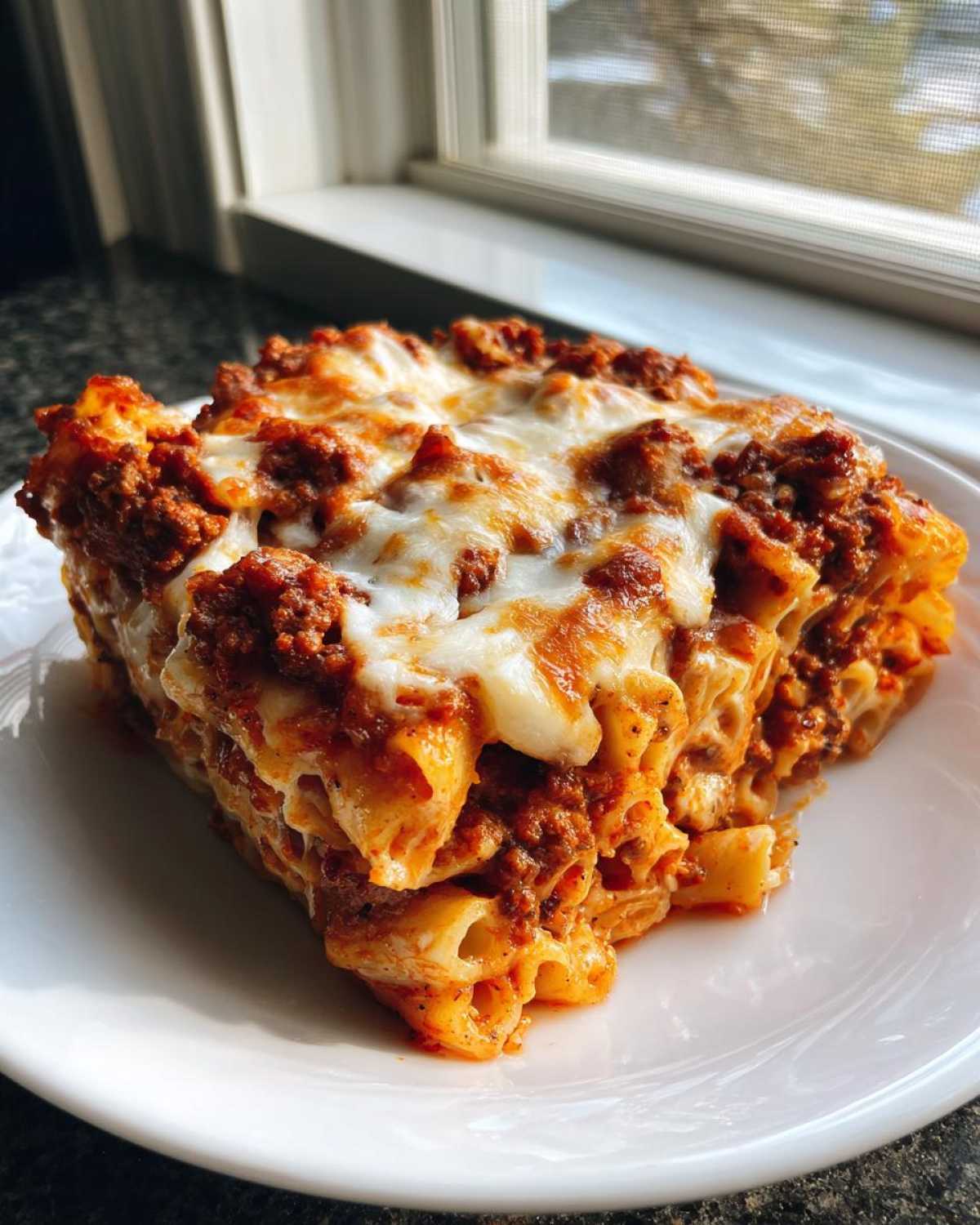 A thick, square serving of Cheesy Baked Ziti with Ground Beef and Sauce, topped with melted mozzarella, sitting on a white plate.