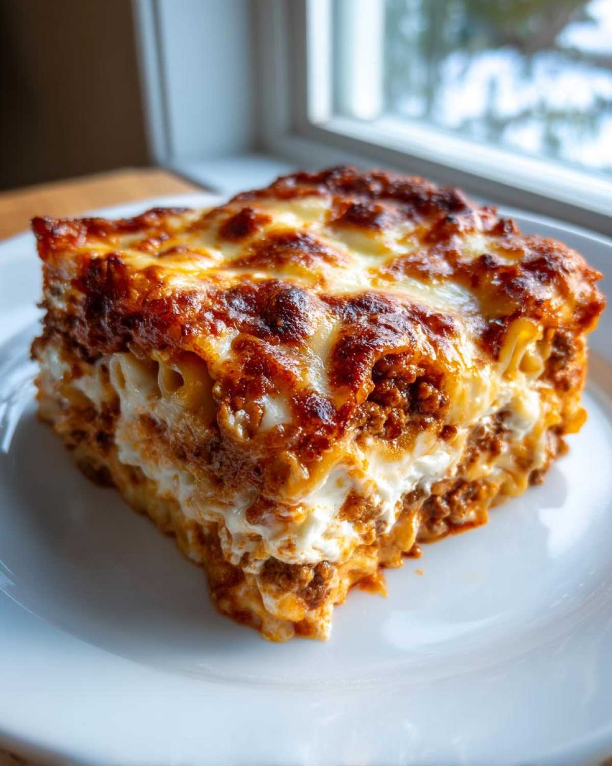 A perfect square serving of Cheesy Baked Ziti with Ground Beef and Sauce, showing layers of pasta, meat sauce, and melted cheese.