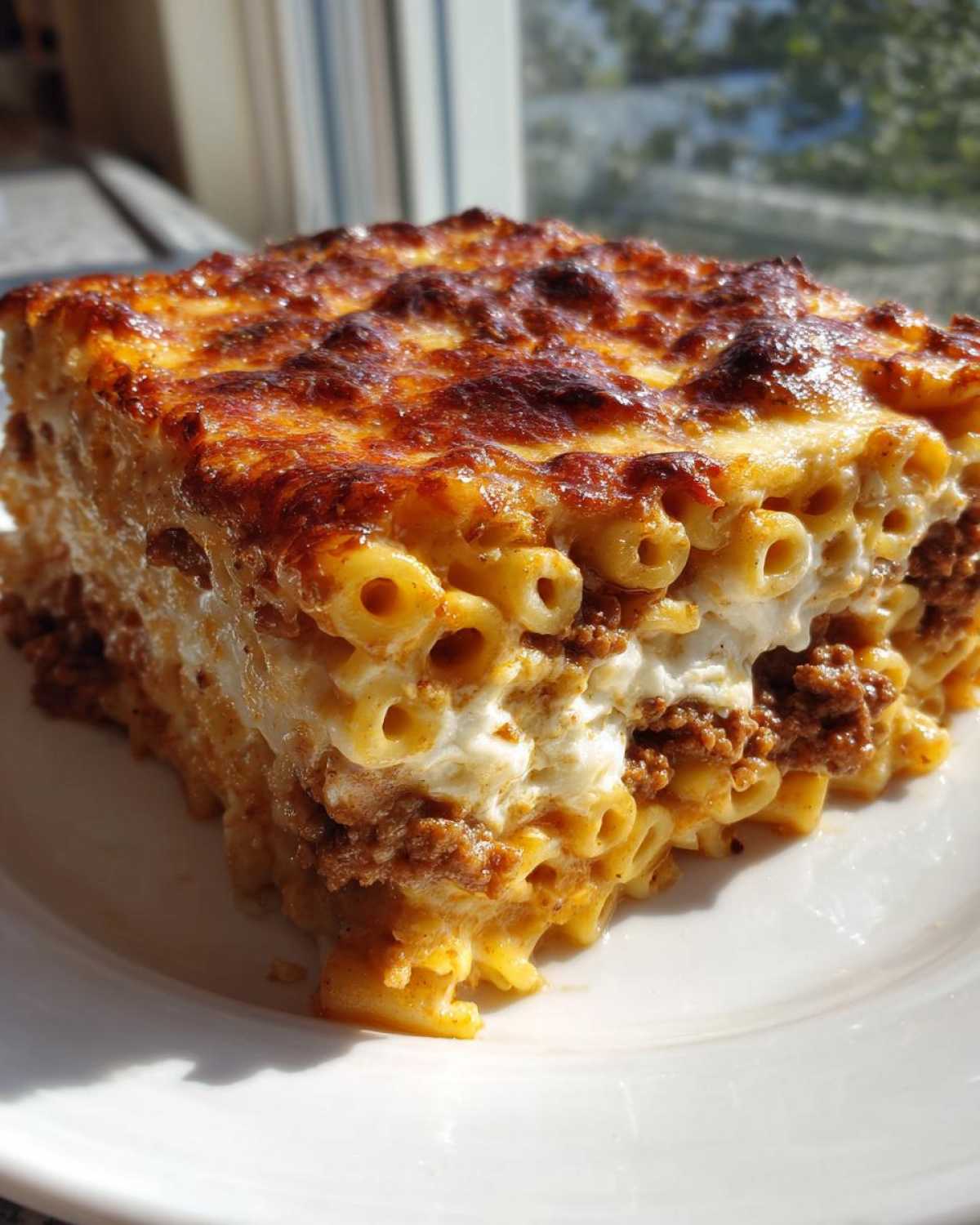 A thick, square slice of Cheesy Baked Ziti with Ground Beef and Sauce showing layers of pasta, meat sauce, and a browned cheese topping.