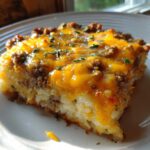 A close-up serving of Cheesy Beef and Rice Casserole Comfort Dish with melted cheddar cheese and parsley.