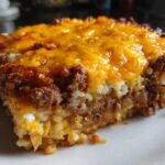 Close-up of a serving of Cheesy Beef and Rice Casserole Comfort Dish topped with melted cheddar cheese.