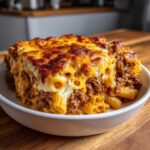 A close-up of a generous serving of Cheesy Beef Pasta Bake with Cream Sauce, featuring baked ziti pasta and a browned cheese topping.