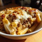 A close-up serving of Cheesy Beef Pasta Bake with Cream Sauce, featuring baked ziti pasta topped with browned cheese.