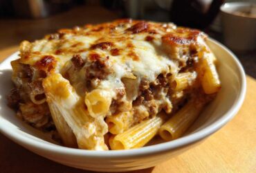 A close-up serving of Cheesy Beef Pasta Bake with Cream Sauce, featuring baked ziti pasta topped with browned cheese.