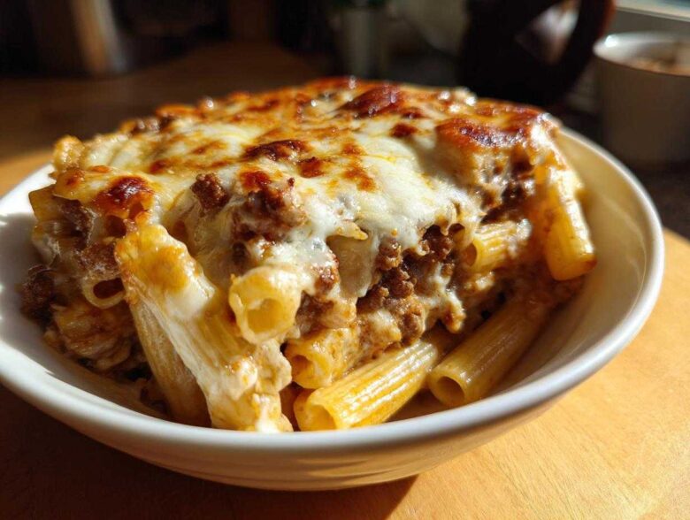 A close-up serving of Cheesy Beef Pasta Bake with Cream Sauce, featuring baked ziti pasta topped with browned cheese.