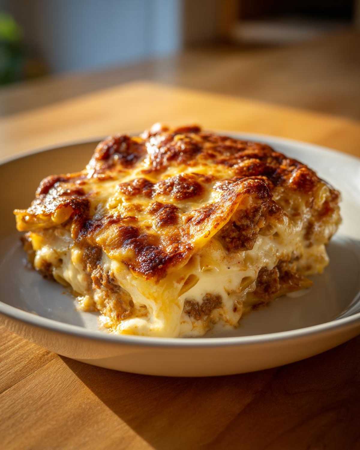 A decadent slice of Cheesy Beef Pasta Bake with Cream Sauce, featuring a browned, bubbly cheese top and creamy layers.