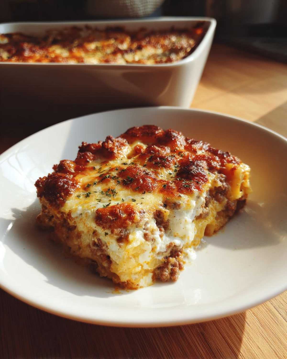 A square serving of Cheesy Beef Pasta Bake with Cream Sauce, featuring a browned cheese top and layers of meat and pasta.