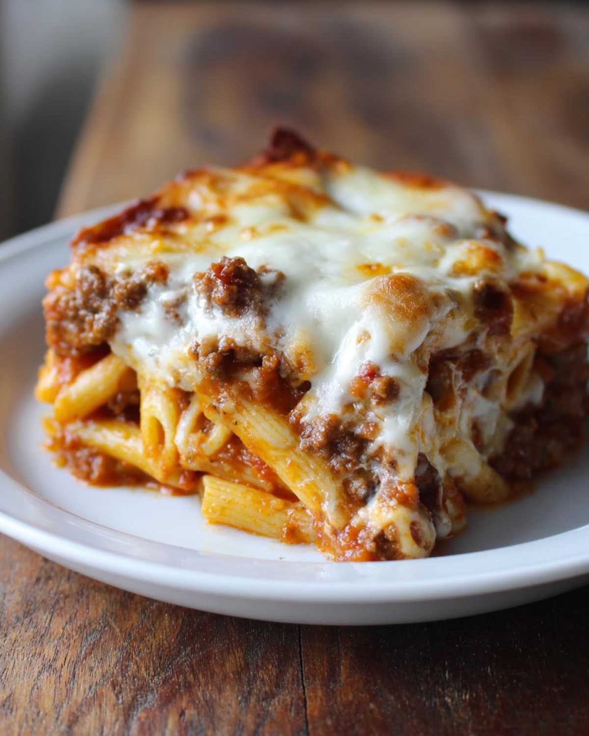 A generous serving of Cheesy Beef Pasta Bake with Cream Sauce, featuring penne pasta, rich meat sauce, and melted mozzarella cheese.