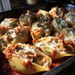Close-up of baked Cheesy Chicken Alfredo Stuffed Pasta Shells covered in melted mozzarella and parsley.
