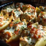 Close-up of baked Cheesy Chicken Alfredo Stuffed Pasta Shells topped with melted, browned cheese and parsley.