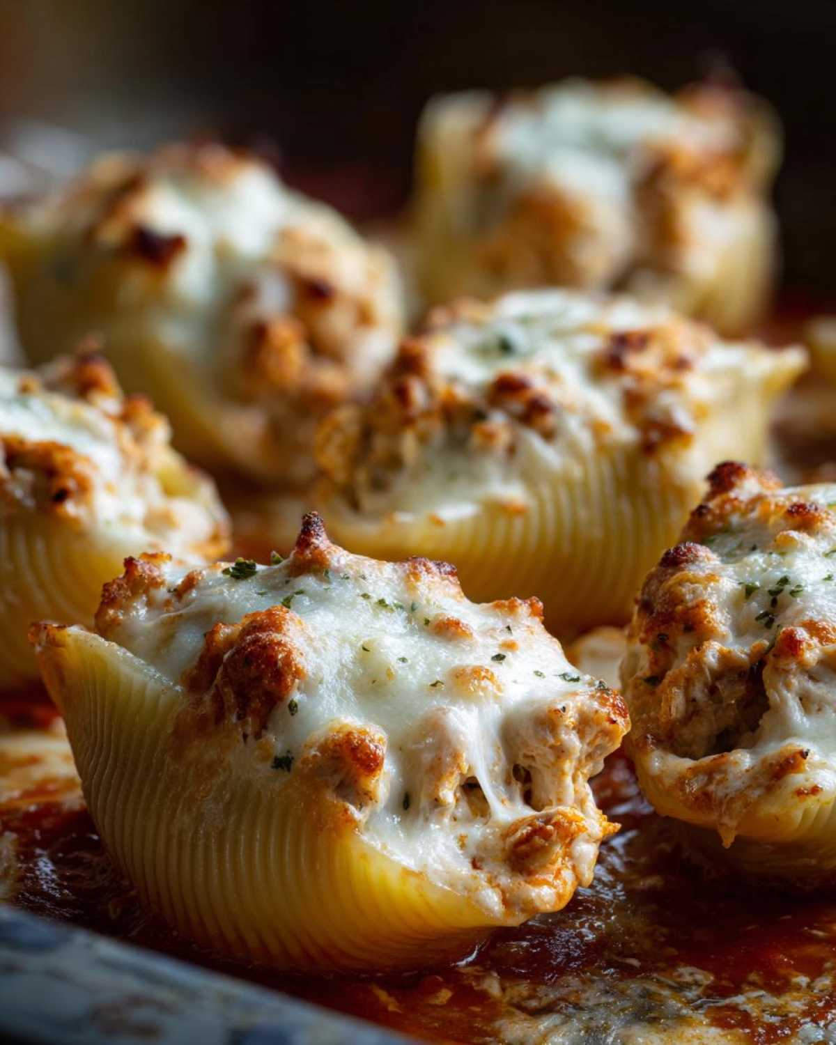 Close-up of baked Cheesy Chicken Alfredo Stuffed Pasta Shells topped with melted, browned cheese, sitting in a tomato sauce.